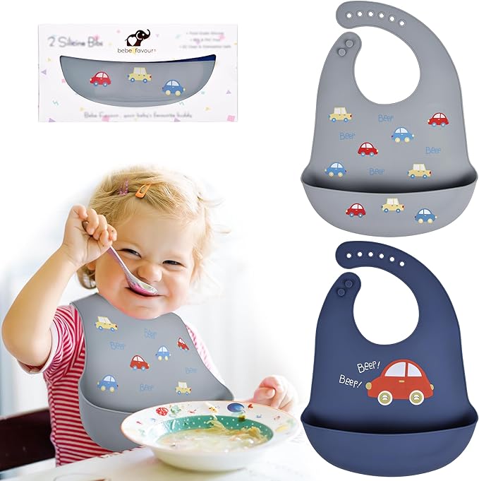 BEBE FAVOUR 2 Pack Silicone Baby Bibs Adjustable Fit Waterproof Bib With Leak Proof Food Pouch Catcher for Eating Boys Girls
