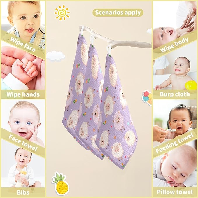 Vvfelixl Muslin Washcloths - Charming Sheeps Baby Burp Cloths, Cotton Face Towel for Newborn Infants, Boys, Girls - Soft and Absorbent, 11.8 X 11.8In, 3 Pack