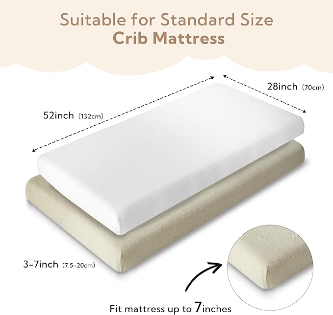 SOULFUL Muslin Crib Sheets for Boys Girls, 2 Pack Soft and Breathable Cotton Fitted Crib Sheets for Standard Crib Mattress (28"x 52", White & Mist Sage)