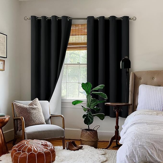 BGment Black Blackout Curtains for Bedroom 63 Inch Length 2 Panels Set, Thermal Insulated Bedroom Curtains Soundproof Room Darkening Window Curtain Drapes, Each Grommet Curtains 52 Inch Wide
