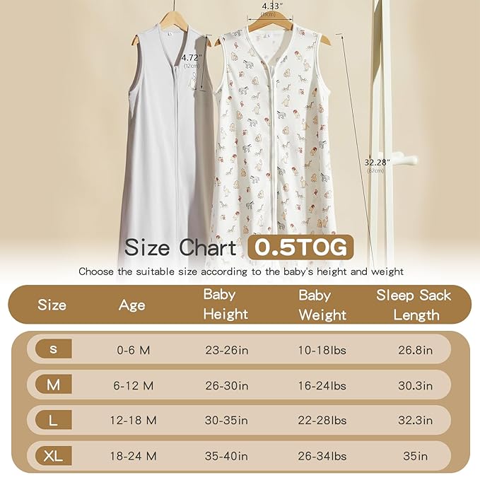 TILLYOU 2 Pack Baby Sleep Sack 12-18 Months 100% Cotton Wearable Blanket 0.5 TOG Sleeveless Summer Sleep Sacks with 2-Way Zipper, Bear Forest & Grey
