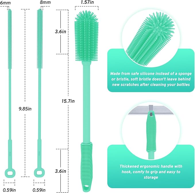 WQSS AOEIU Silicone Bottle Brush with 2 Straw Cleaner Brushes,Bottle Brush Set for Cleaning Bottles,Jars,Tumblers,Thermoses,Baby Bottle,Water Bottle,Dish,Easy to Use and Dry,Heat Resistant Sturdy