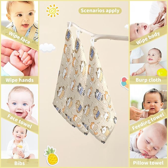 vvfelixl Baby Muslin Washcloths Cute Cats Baby Burp Cloths Cotton Baby Face Towel for Newborn Infants Boy Girl Soft and Absorbent 11.8 X 11.8 in, 3 Pack