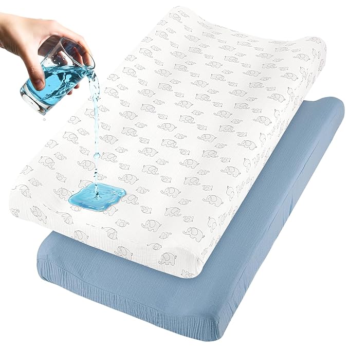 Basumee Muslin Changing Pad Cover Waterproof 2 Pack Baby Changing Table Covers for Boys and Girls Soft Breathable Nursery Diaper Change Table Cover Pad Fits 32"x16", Blue