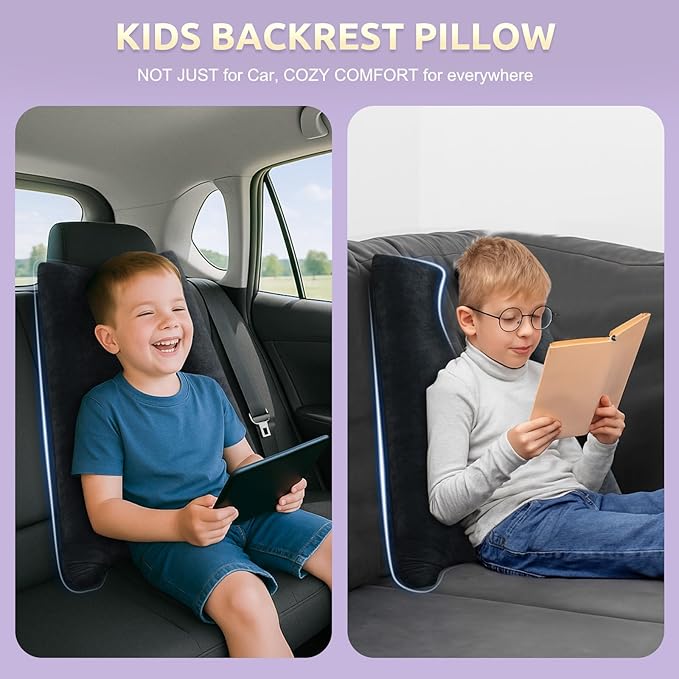 Car Pillow for Kids Travel Pillow with Adjustable Strap, Kids Floor Pillows Cushions for Adults and Children to Support Head and Body Road Trip Essentials (Dark Black)