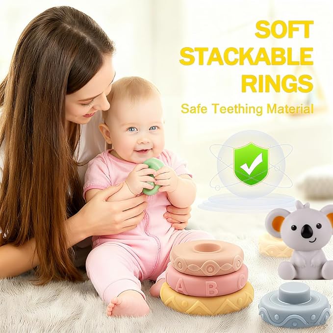 Baby Montessori Sensory Toys for 0-6 6-12 Months, Teething Toys for Babies 0 3 6 9 12 18 Months, Infant, Newborn Rattle Teether, Blocks, Soft Stacking Rings, Ideal Baby Boy Girl Gifts Set