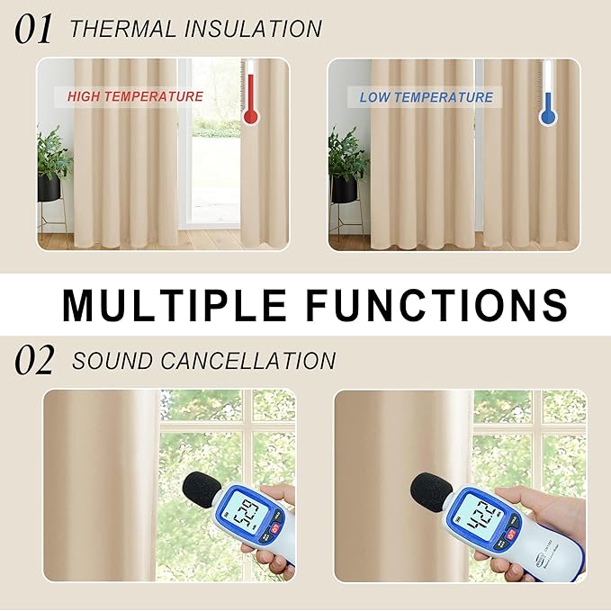 XWZO 100% Blackout Curtain Panels - Double Layer Full Room Darkening and Energy Efficiency Rod Pocket & Back Tab Window Panels with Tiebacks for Living Room, Biscotti Beige, W52 x L108, Set of 2