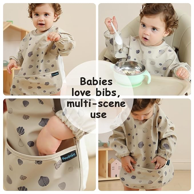 PewinGo Baby Bib with Long Sleeves Bib & BLW, Machine Washable & Soft and Skin-Friendly Material, Coverall Bibs for Baby Feeding, Waterproof and Easy to Clean, for Baby Infant Toddlers (Beige)