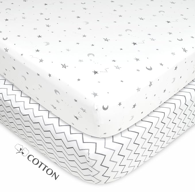 American Baby Company 2 Pack 100% Natural Cotton Fitted Crib Sheets 52" x 28" - Soft, Breathable, Hypoallergenic & Gentle Toddler Bed Sheets, Gray Star/Gray Zigzag, Neutral for Boys & Girls