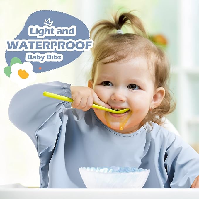 JaGely 4 Pack Long Sleeve Bibs Baby Smock Waterproof Sleeved Bids with Food Catcher for Baby Eating Feeding Ages 6-36 Months