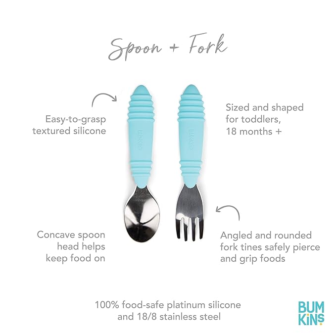 Bumkins Toddler Utensils, Kids Size Fork and Spoon Set, Silicone and Stainless-Steel Training Silverware, Angled Forks / Sporks for Self-Feeding, Children Hold Learning to Eat, 18 Months Up, Blue