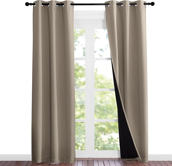 NICETOWN Taupe Full Shade Curtain Panels, 37" Wide x 80" Long, Taupe, Pair of Thermal Insulated & Energy Efficiency Blackout Curtains for Living Room Windows, Lined Silky Performance Window Dressing