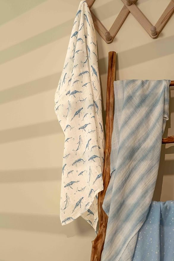 Muslin Swaddle Blankets for Newborn, 4 Pack Cotton Baby Blankets for Boys, Large 31.5 x 43.3 Breathable Soft Receiving Blanket, Essentials Swaddle Wrap Burping Clothes, Blue Whale