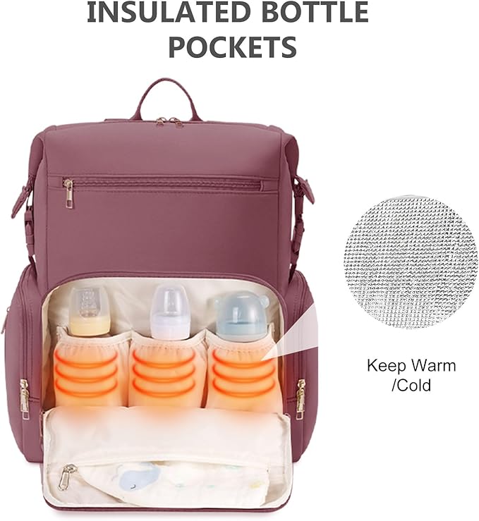 CEI-CEI Neoprene Diaper Bag Backpack with Changing Pad, Large Newborn Baby Maternity Bags Travel Tote with Insulated Pockets (Pink)