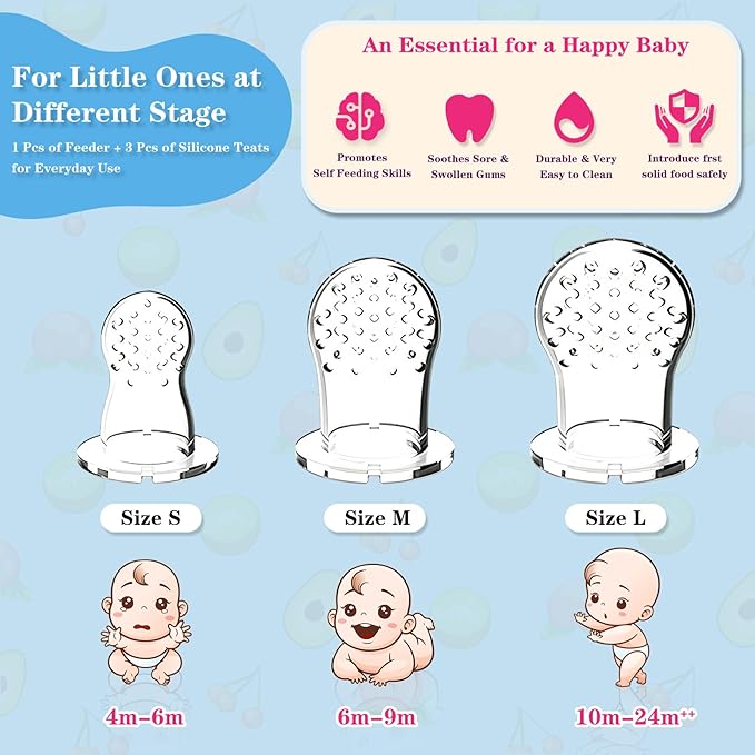 Baby Fruit Feeder, Frozen Teething Toys for Babies, Teether Pacifier with 3 Extra Teats, Eating Essentials, BPA Free Baby Feeding Supplies (Lavender)