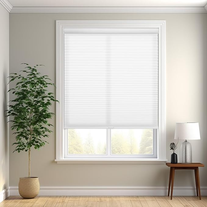 Changshade Cordless Cellular Shades, Light Filtering Honeycomb Shades for Windows, Pull Down Pleated Blinds, Easy to Install for Indoor Windows and French Doors,37" W x 72" H, White