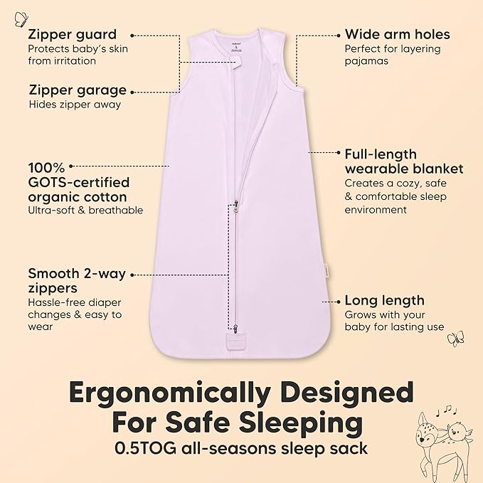 2-Pack Baby Sleep Sacks, Zipper Wearable Blanket - 0.5TOG Organic Cotton, Lightweight, Soft Cozy Toddler Sleeping Sack 6-12 months, Easy to Wear Large Newborn Transition Swaddles Sleepsacks (Lilac)