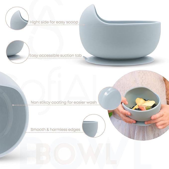 SofiAl All In One Silicone Feeding Set - Safe for 6-12 Months - Non-Toxic Baby Led Weaning Supplies - Toddler Self Feeding Utensils - BPA-Free - Mess Free Essentials