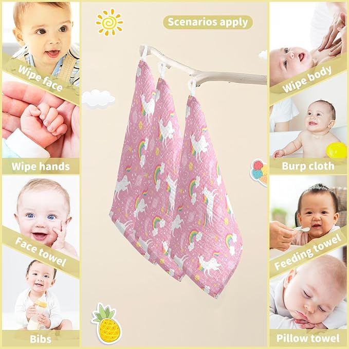 vvfelixl Baby Muslin Washcloths White Unicorn Rainbow Star Baby Burp Cloths Cotton Baby Face Towel for Newborn Infants Boys Girls Soft and Absorbent 11.8 X 11.8 in, 3 Pack