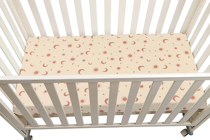 Onacosht Muslin Mini Crib Sheets, 39" x 27" Pack and Play Mattress Sheets Fitted for Pack N Play, Soft Cotton for Boys Girls, 2 Pack, Light Brown and Moon