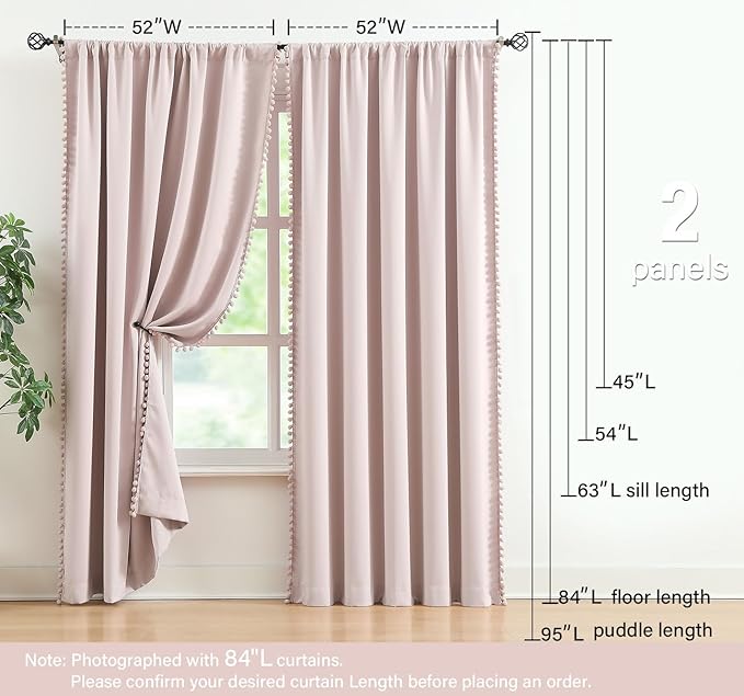 Treatmentex Pink Pom Poms Blackout-Curtains 95 inch Bedroom Window Curtains for Living Room Triple Weave Half Blackout Window Curtains for Hotel Guest Room Drapes 52" w x2 Panels Rod Pocket