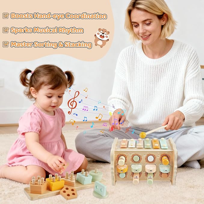 Wooden Montessori Toys for 1 Year Old, Pounding Hammering Toy with Xylophone & Fishing Game, Car Ramp Toy, Stacking Blocks & Shape Sorter 3 in 1 Wooden Toddler Toys 1 2 3 for Christmas Birthday Gifts