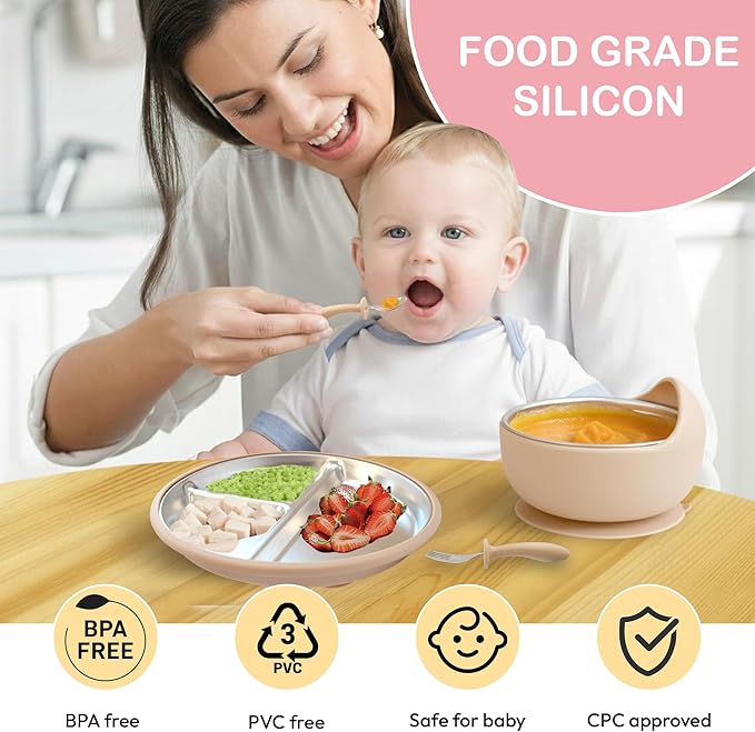 MOMERA Stainless Steel Baby Plate & Bowl Set with Suction | Divided Toddler Feeding Set | Durable, BPA-Free, Easy to Clean | Baby Tableware for Self-Feeding