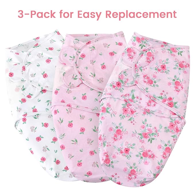 david's kids 100% Cotton 3 Pack Baby Swaddle Wrap for 0-3 Months, Soft Breathable Swaddle Blanket for Newborn Infant, Adjustable Baby Wrap Sleep Sacks for Girls, Newborn Essentials, Floral