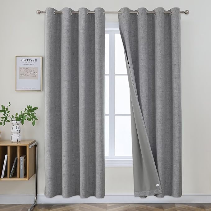 Joydeco Light Grey Blackout Curtains 90 Inch Long 2 Panels Set, Faux Textured Linen Thermal Insulated Burlap Curtain & Drapes, Grommet Room Darkening Drapes for Bedroom Living Room