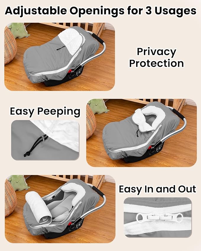 TinyPalsa Winter Baby Carseat Cover, Warm Cozy Infant Car Seat Covers with Plush Lining for Cold Weather, Waterproof Carseat Canopy with Adjustable Collar, Universal Fit for Boys & Girls (Grey)