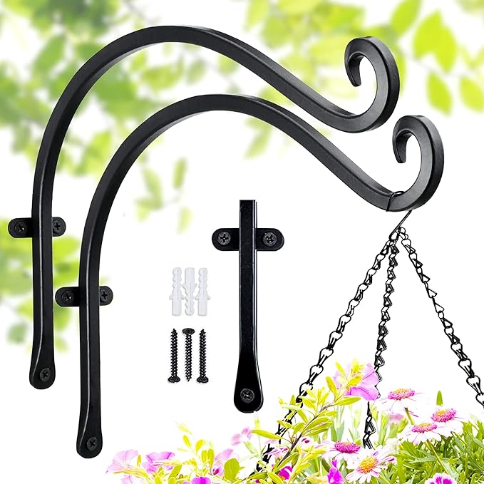 Hanging Plant Brackets Outdoor: 50 lbs Heavy Duty Metal Wall Hooks, 12 Inch Rustproof Hanging Plant Hangers for Bird Feeders, Lanterns, Balcony Fence, 2 Pack