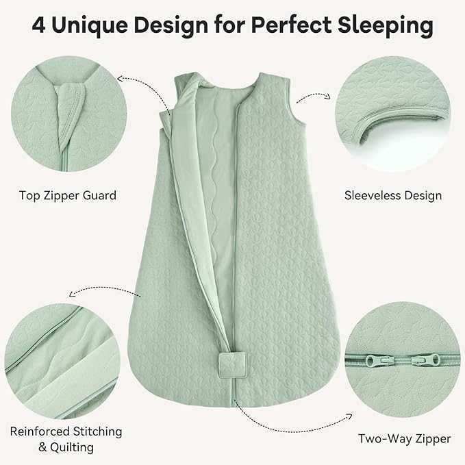 Unnivoll Baby Sleep Sack 12-18 Months TOG 2.5 Winter Baby Wearable Blanket, 100% Cotton Fabric Newborn Infant Sleeping Sack 2-Way Zipper Quilted Baby Sleep Bag, Warm Soft Green
