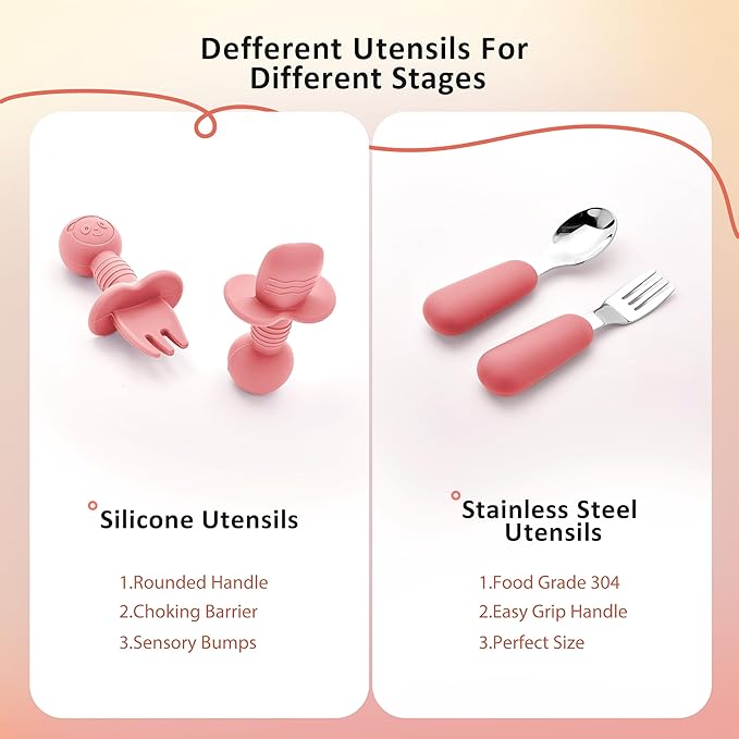 Bufims Silicone Baby Feeding Set, Baby Led Weaning Supplies, Eating Essentials Utensils with Suction Plate and Bowl, Pocket Bib, Sippy Cup with Lid, Forks Spoons Snack Container, for 6+ Months, Pink
