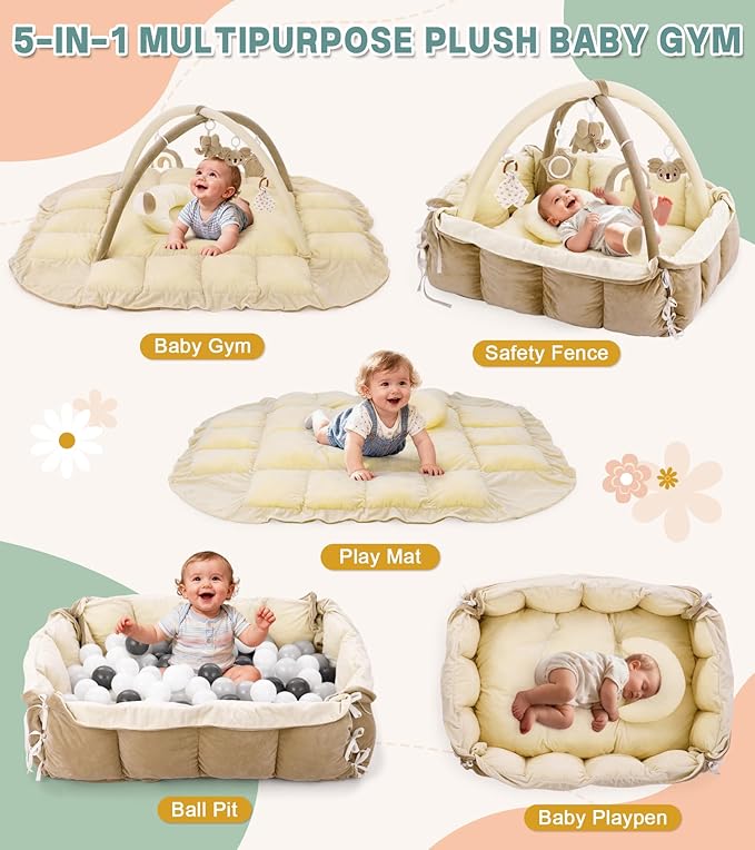 5-in-1 Baby Play Gym and Tummy Time Mat, Tummy Time Pillow & 12 Learning Cards, Plush Activity Mat with 6 Toys, Baby Gym, Convertible to Ball Pit, Cream