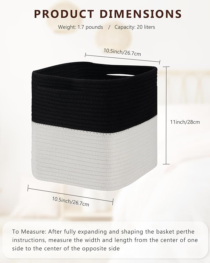 Cube Storage Bin 11" x 10.5" x 10.5" Cotton Rope Basket Square Woven Storage Basket for Shelves, Closet Organizer, Soft Towel Sock Basket, Black/White, 1 Pack