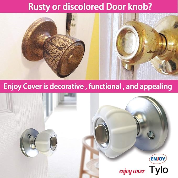 New Enjoy Cover - Door Knob Cover Grips Non Slip Arthritis & Senior Living Aids Grippy Easy Open Decorative. Simple Functional Effective Solution- 4 Pack (White, Tylo)