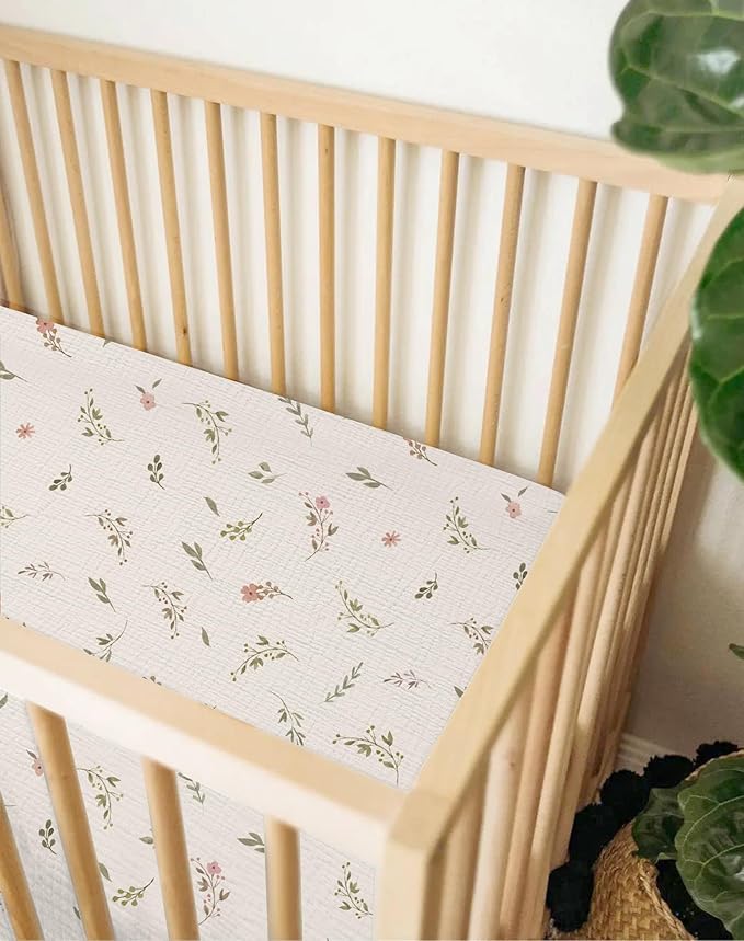 Crib Sheets for Baby Boy Girl 2 Pack, Fitted Crib Mattress Sheet 28" x 52", Muslin Toddler Bedding with Neutral Style, Nursery Bedding Essentials (Petal Leaf & Pink)