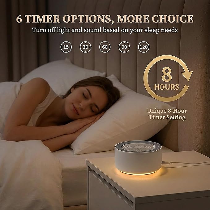 Kipcush White Noise Machine with Night Light – Nursery Sound Machine with Soft Non-Glare Lamp, 30 Soothing Sounds, 8 Color Lights, Up to 8-Hour Timer for Baby & Adults