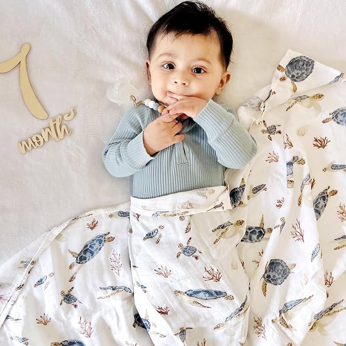 LifeTree Muslin Swaddle Blankets, Baby Swaddling Wrap Nursery Blanket for Boys & Girls, Soft 70% Viscose from Bamboo and 30% Cotton, Large 47 x 47 inches, Sea Turtle & Dinosaur
