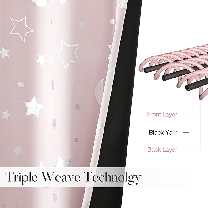 WUBODTI Pink Blackout Curtains Star Curtains for Girls Bedroom Kids Room Nursery 96 Inch Length, Cute Silver Star and Moon Patterned Space Theme Thermal Insulated Soundproof Curtain Drapes 2 Panels