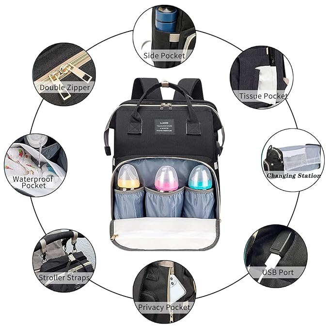 Baby Diaper Bags with Changing Station,Waterproof Diaper Bag Backpack for Moms Dads with USB Charging Port,Large Capacity Multifunctional Baby Essentials(Black)