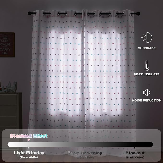 MYSKY HOME White Curtains for Kids Bedroom 72 Inches Long Pom Pom Sheer Nursery Curtains for Boys Room Closet 2 Layered Room Darkening Window Drapes for Toddler Grommet, White, 52 x 72 Inch, 2 Panels