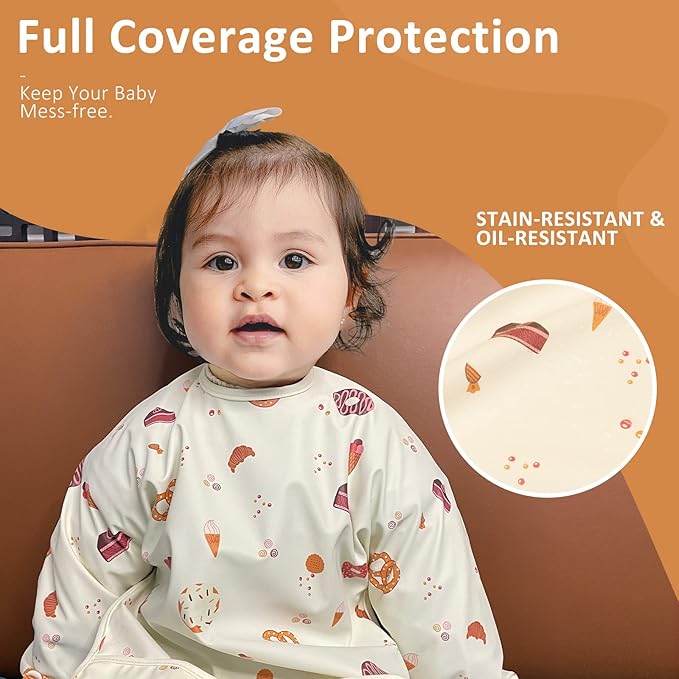 HALAA VAUVA Long Sleeve Baby Bibs for Toddlers, Waterproof, Boys Girls Smock with Food Catcher Pocket for Feeding, Eating