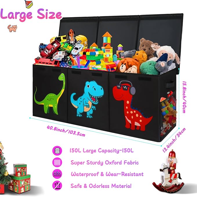 Extra Large Toy Box, Collapsible Sturdy Toy Storage Organizer with Lids, Dinosaur Toy Box for Boys Girls, 40"x16"x16" Kids Toy Chest Bin Baskets for Living Room, Playroom, Bedroom, Nursery, Black