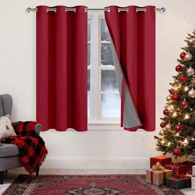 XWZO 100% Blackout Curtains 2 Panels with Tiebacks- Heat and Full Light Blocking Thermal Insulated Window Panels with Grommets for Basement/Small Window, Christmas Red, W38 x L45, Set of 2