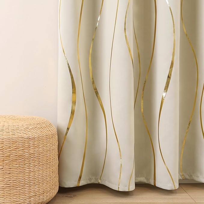 L.Z.E Cream and Gold Curtains 63 Inch Long for Bedroom Living Room, Elegant Short Blackout Thermal Insulated Window Drapes with Gold Foil Wave Pattern, 85% Room Darkening Grommet Top, 2 Panels Set