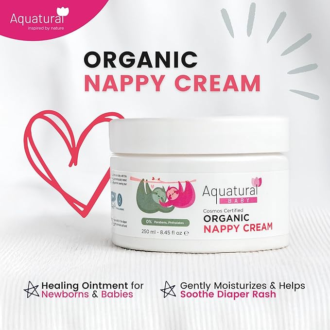 Aquatural Organic Nappy Cream - Newborn Diaper Care - Gentle Care Diaper-Cream, Natural Moisturizer Zinc Oxide Ointment for Kids Sensitive Skin - Baby Rash (8.45fl oz)