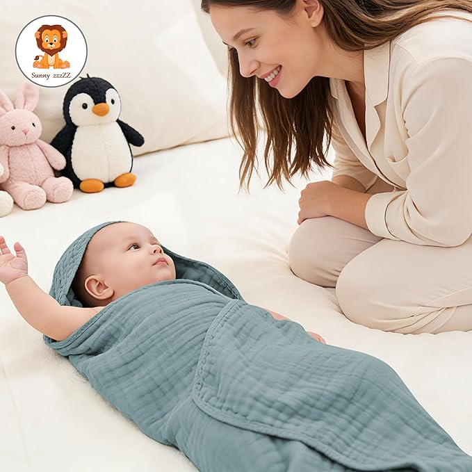 Sunny zzzZZ Muslin Hooded Baby Bath Towels - 3 Pack 100% Cotton Soft Low-Saturation Pastel Towels Including Classic White for Newborns, Infants, Toddlers - 32x32 Inch - Green, Grey and White