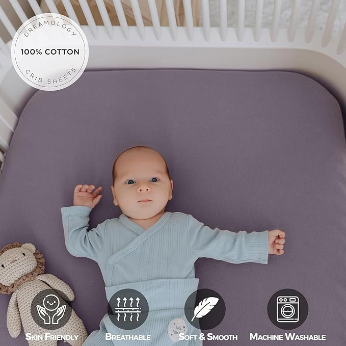 Dreamology Cotton Crib Sheets Fitted, 2 Pack, Standard Crib Sheet, Soft & Breathable,100% Jersey Cotton Crib Sheet Girls, Boys, Toddler Bed Sheets, 52x28 Crib Mattress Sheet | Purple, Pink