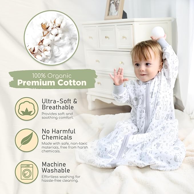 Mama Cheetah Baby Sleep Sack with Sleeves, 0.5 TOG Organic Cotton Wearable Blanket and Two-Way Zipper, Swaddle Transition Long Sleeve Sleeping Bag for Newborn Infant Toddler, 6-12 Months